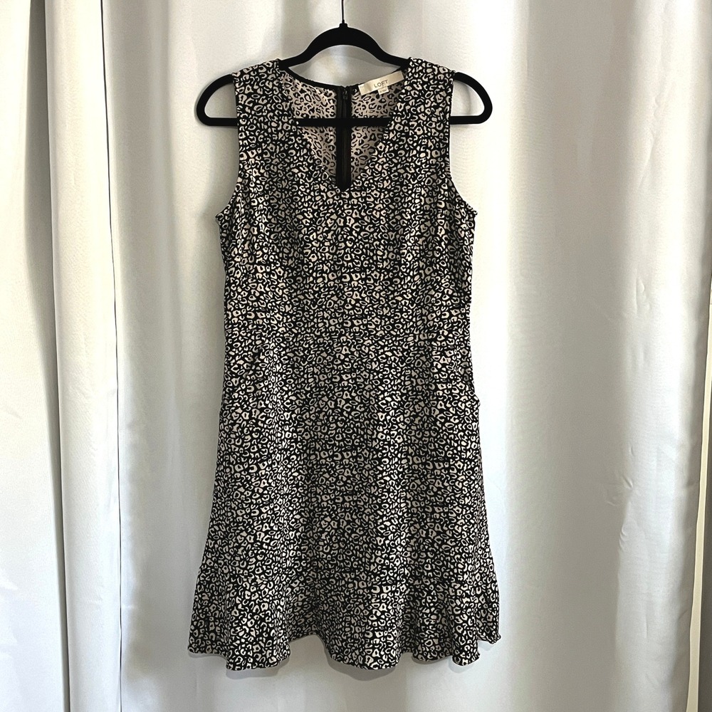 LOFT Womens Black Cream Leopard Textured Knit Sleeveless Ruffle Hem Dress Size 4